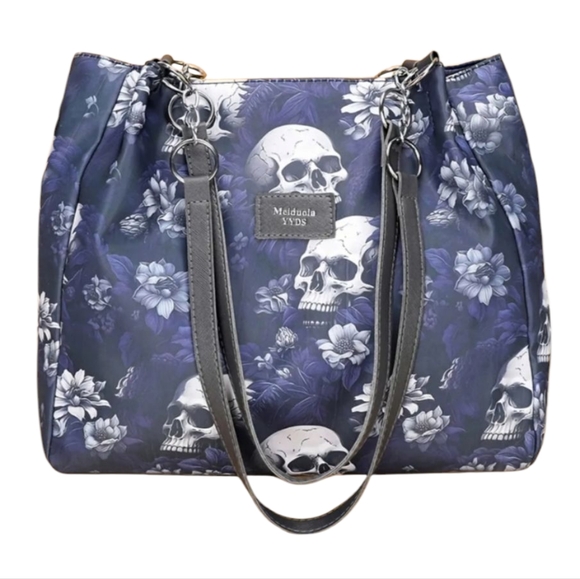 Gothic Skull Blue Floral Print Hobo Bag Shoulder Bag Womens Punk Style Purse - Picture 6 of 8